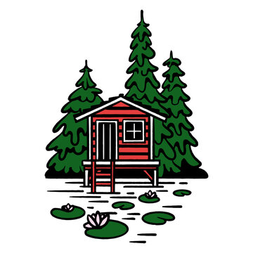 vactor waterfront cabin, editable chalet illustration, secluded cabin in the woods, cute cottage, vacation art, graphic resource, travel clip art, lake house with swimming deck,  lily pads