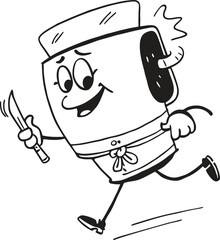 Obraz premium Funny running toaster chef character with apron and butter knife black and white line art vector illustration for kitchen mascot