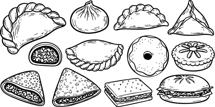 Hand drawn line art close up assortment of dumplings pastries and sandwiches arranged flat lay top view with monochrome ink studio lighting