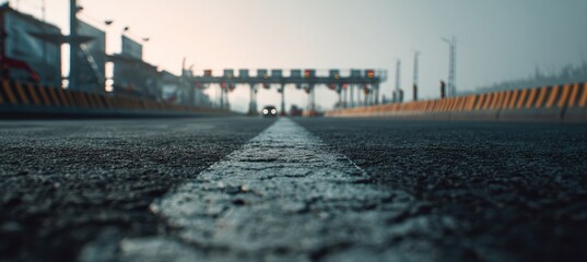 Fototapeta premium Ground-Level Roadway Perspective Leading to Toll Gate with Rugged Asphalt Texture