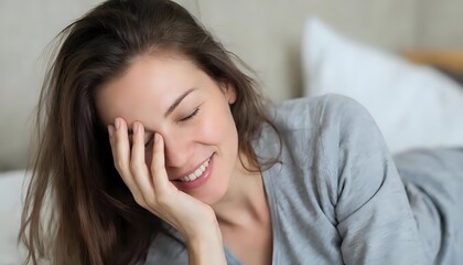 Fototapeta premium A woman lies on a bed, smiling, covering her eyes with her hand. She is wearing a gray shirt, and her hair is loose and slightly disheveled. The woman appears relaxed and content.