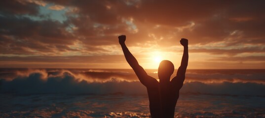 Fototapeta premium Athlete Celebrating Victory at Sunrise by Ocean Waves in Cinematic Light