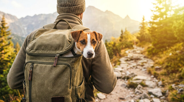 Man carries dog in backpack while hiking on mountain trail during sunset in nature with trees and rocky path