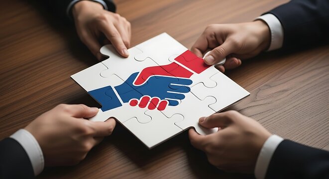 Business people assembling puzzle pieces with handshake symbol on wooden table