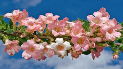 Clusters of delicate pink trumpet shaped blossoms bloom against a bright blue sky