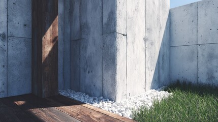 Modern architectural exterior design featuring concrete wall and green grass