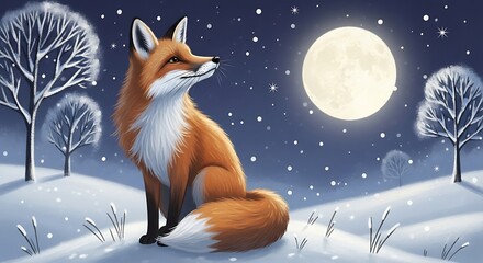 Obraz premium A fox sits in a snowy landscape under a full moon, with sparse trees