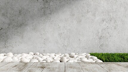 Minimalist concrete wall background with white pebbles and green grass