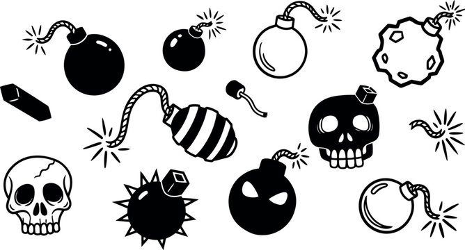 Black and white tattoo flash of skulls bombs dynamite and explosive devices isolated on white background vintage style collection