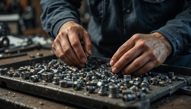 Mechanic&rsquo;s hands organizing hex bolts and nuts on a magnetic tray
