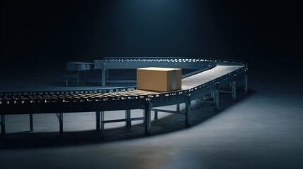 Cardboard box on curved conveyor belt in dark industrial setting with focused lighting creating dramatic shadows