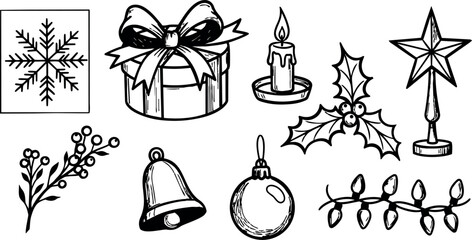 Naklejka premium Black and white line art sketch of various christmas decoration elements including gift, holly, bell, candle and star tree topper