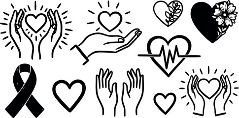 Black and white line art collection of praying hands hearts and awareness ribbon hand drawn medical and love symbols