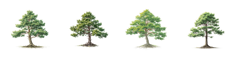 Four stylized evergreen trees in varying shapes and sizes isolated on transparent background high quality professional