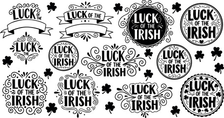 Fototapeta premium Black and white vintage style luck of the irish circular ornamental emblem designs with clover leaves and banners