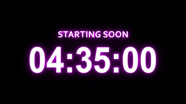 Starting soon neon digital countdown clock timer in 5 hours to zero second. Neon text number on isolated green background. Element for overlay concept. 4K footage motion video.