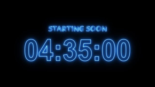 Starting soon digital countdown clock timer in 5 hours to zero second. Neon text number on isolated green background. Element for overlay concept. 4K footage motion video.