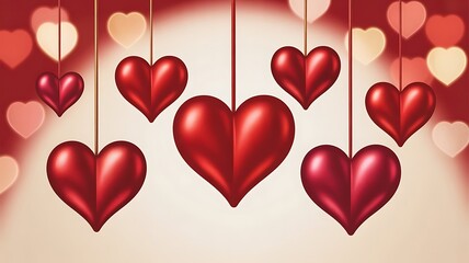 Romantic red hearts hanging in elegant Valentine's Day display