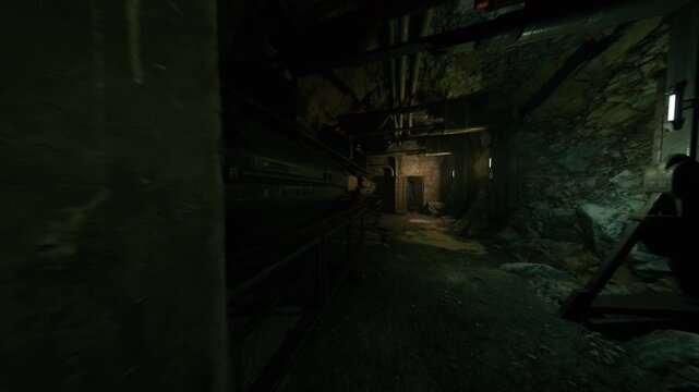 abandoned engine room bathed in amber glow, heavy machinery and corroded pipes dominate scene, soot stained floors, scattered debris and control panels suggest
