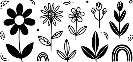 Black and white hand drawn whimsical floral icons with simple leaves and decorative rainbows