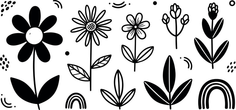 Black and white hand drawn whimsical floral icons with simple leaves and decorative rainbows