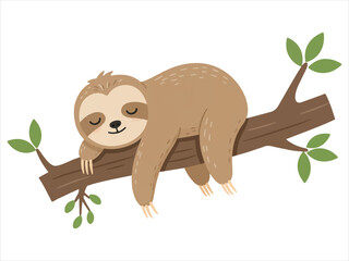 Obraz premium Cute cartoon sloth peacefully sleeping while hanging upside down on a thick brown tree branch with green leaves surrounding it illustrating a moment of pure relaxation in natures embrace