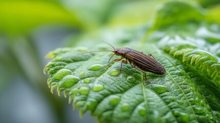 Obraz premium Close-Up View of a Brown Cockroach on a Green Leaf with Water Droplets in a Natural Environment Highlighting Insect Characteristics and Habitat