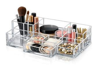 Clear acrylic makeup organizer holding cosmetics and beauty accessories