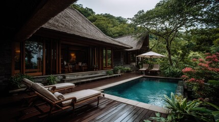 Luxury villa with swimming pool and lush tropical greenery