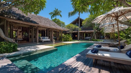 Luxury villa with swimming pool surrounded by tropical vegetation daytime
