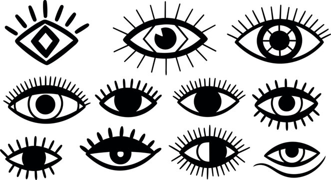 Black and white hand drawn eye icon set in line art style with diverse eyelash shapes and iris designs