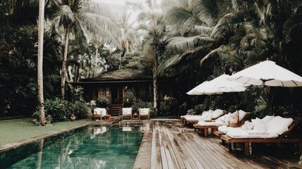 Tranquil outdoor swimming pool scene with lounge chairs under umbrellas