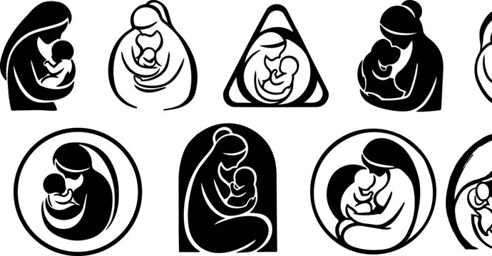 Minimalist religious icon close up of virgin mary and infant jesus cradling in circular black and white badge looking down devotional