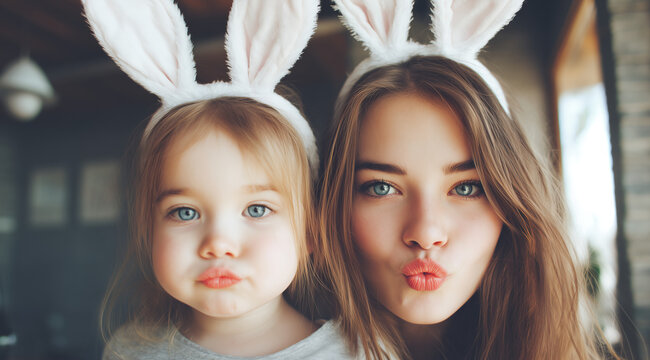 Woman and little girl wearing bunny ears making kissy faces