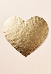 Golden metallic heart shape with textured foil surface on neutral background for romantic designs, Valentine's Day cards, wedding invitations, love concepts