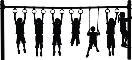 Children playground silhouette illustration showing kids hanging and playing on monkey bars, active outdoor recreation and childhood fun concept © Anisur Creatives