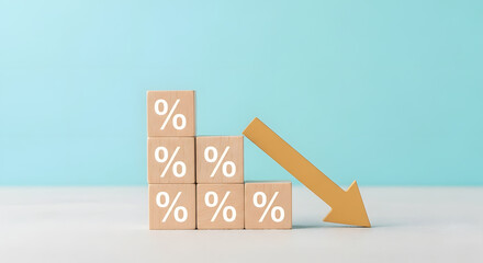 Wooden blocks with percentage sign and down arrow, financial recession crisis, interest rate fall, investment reduce, risk management concept