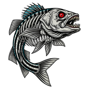 skeleton striped bass fish with sharp teeth and red eyes in aggressive cartoon mascot style
