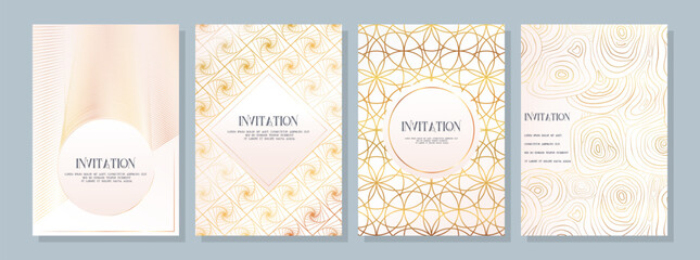 Set golden luxury invitation white Template card, Premium geometric gold line frame typography design, Elegant background for advertising, wedding, gala, grand opening, invitation, layout