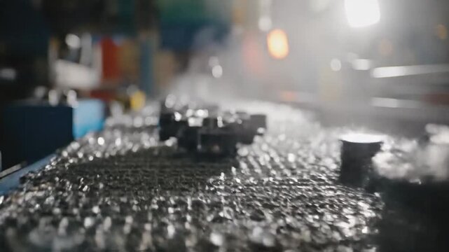 Close-up of a precision milling process coolant spray, metal chips, a sharpened cutter at work now.'