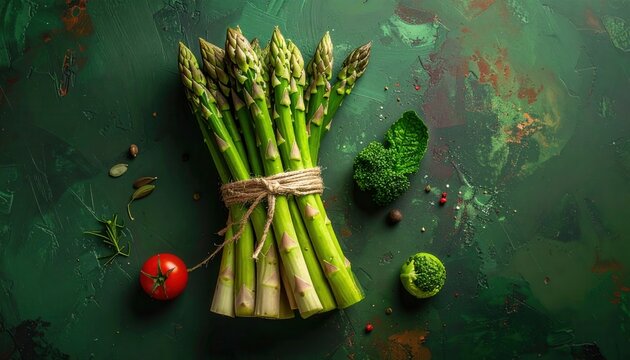 Fresh Green Asparagus Bunch With Broccoli Tomato on Rustic Background