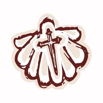 Saint James way pilgrims shell with santiago cross. Hand drawn isolated vectori design for pilgrimage travel clipart. European patron saint of spain symbol for camino de compostela