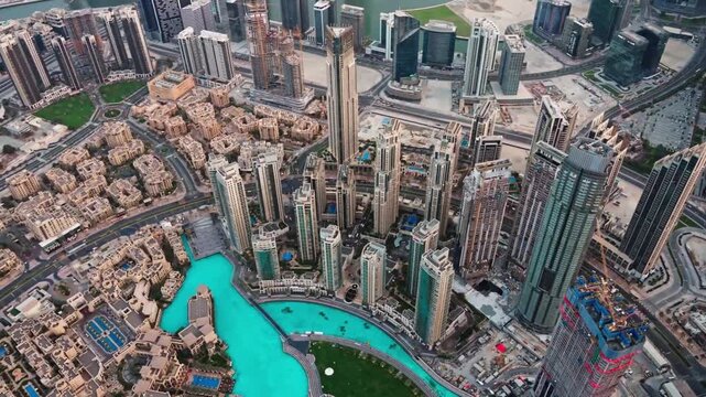 HD Aerial view of Downtown Dubai skyline and Burj Khalifa Lake at sunset