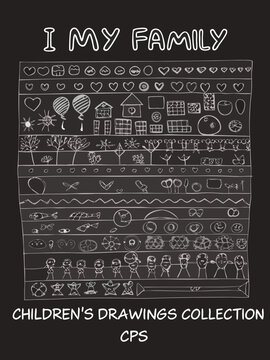 Black and white illustration of family and childhood drawings with text