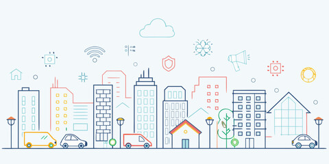 A futuristic smart city skyline with various technology icons overhead © Sanjoy