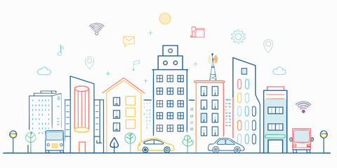 Fototapeta premium Linear illustration of a modern smart city with various connected icons