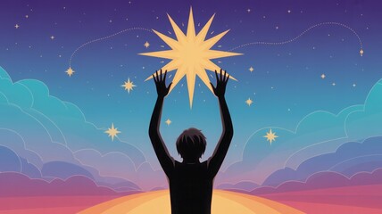 Person reaching for bright star in colorful sky