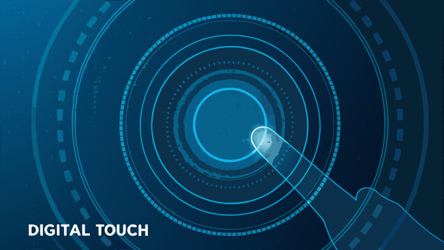 A finger touches a glowing circular digital interface with concentric rings