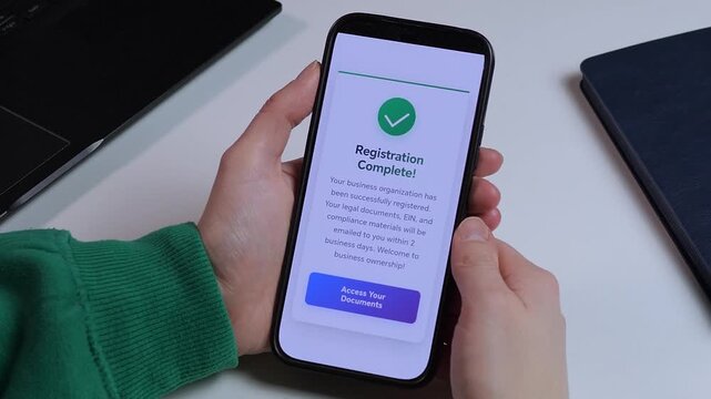Successful business registration on a smartphone. New entrepreneur achieves legal entity formation with EIN and document access. UI shows Registration Complete. Perfect for startup, banking, and legal
