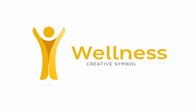 Yellow wellness symbol featuring a person with raised arms and text